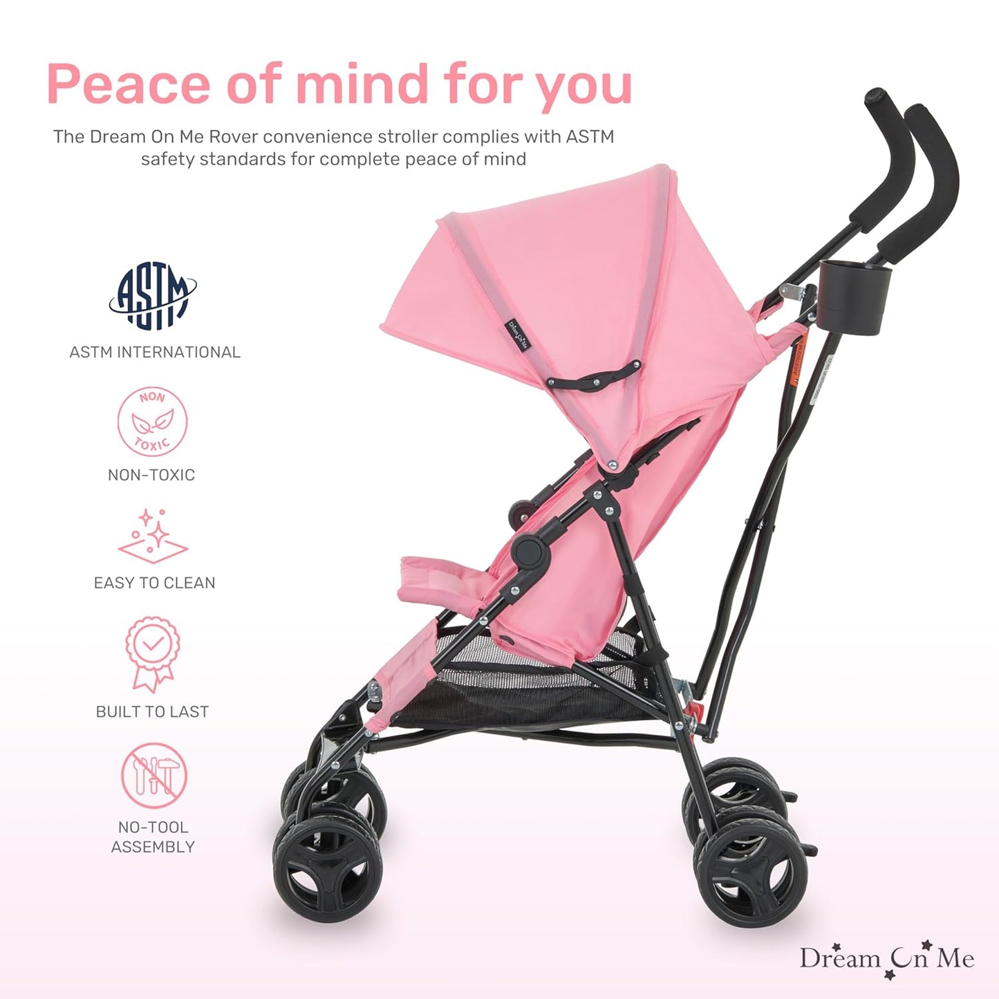 Dream On Me Rover Convenience Baby Stroller in Pink, Lightweight & Compact Umbrella Stroller, Easy one-Hand fold Travel Stroller, Lockable Rear Wheels, Removable & Adjustable Canopy
