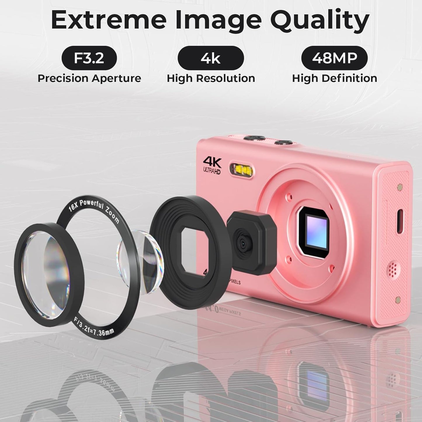 Upgrade Digital Camera, FHD 4K 44MP Autofocus Digital Point and Shoot Video Camera with 16X Zoom, 32GB SD Card, Compact Digital Camera Cheap for Teens Boys Girls Kids Pink Camera
