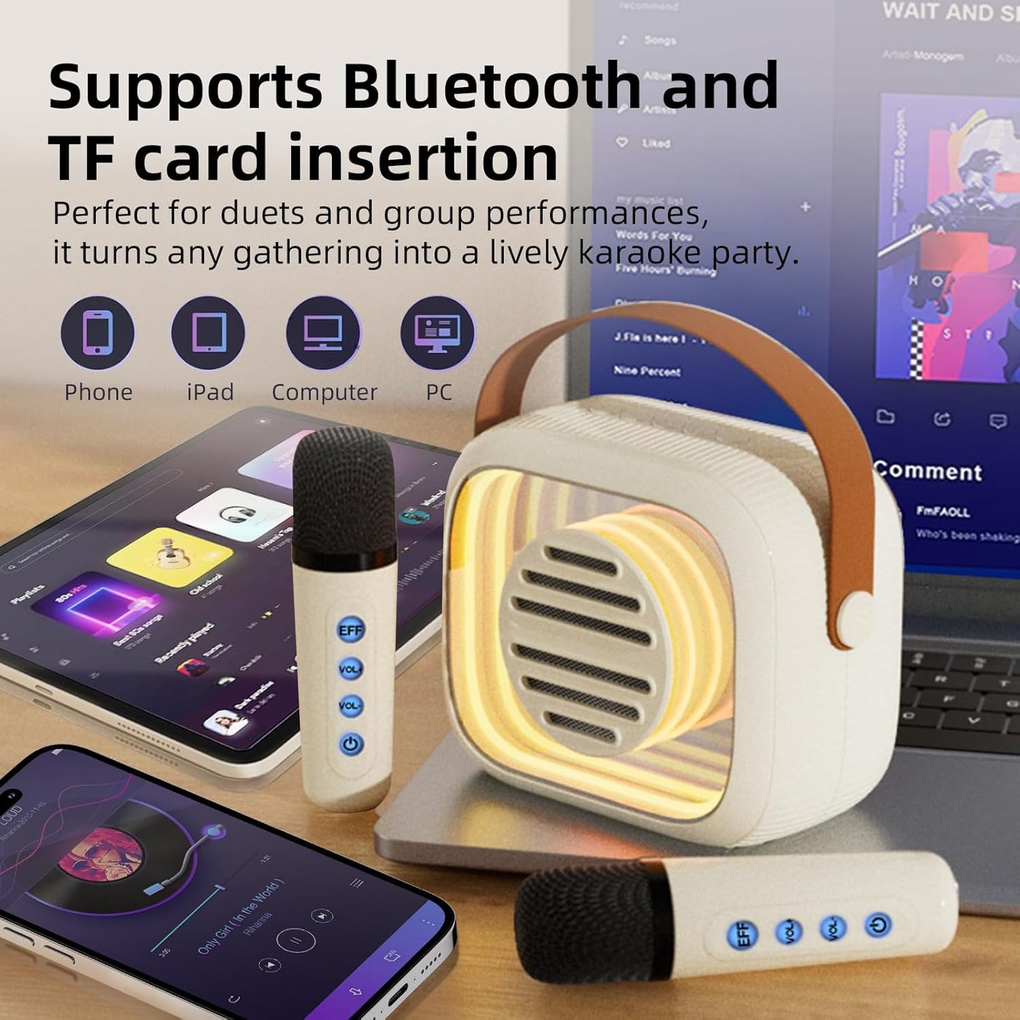 YF93 Mini Karaoke Machine for Kids with Bluetooth Speaker, 7 Voice-Changing Modes, Dual Microphones, Colorful LED Lights, TF Card Support, Portable Singing Gift for Children and Parties(Beige)