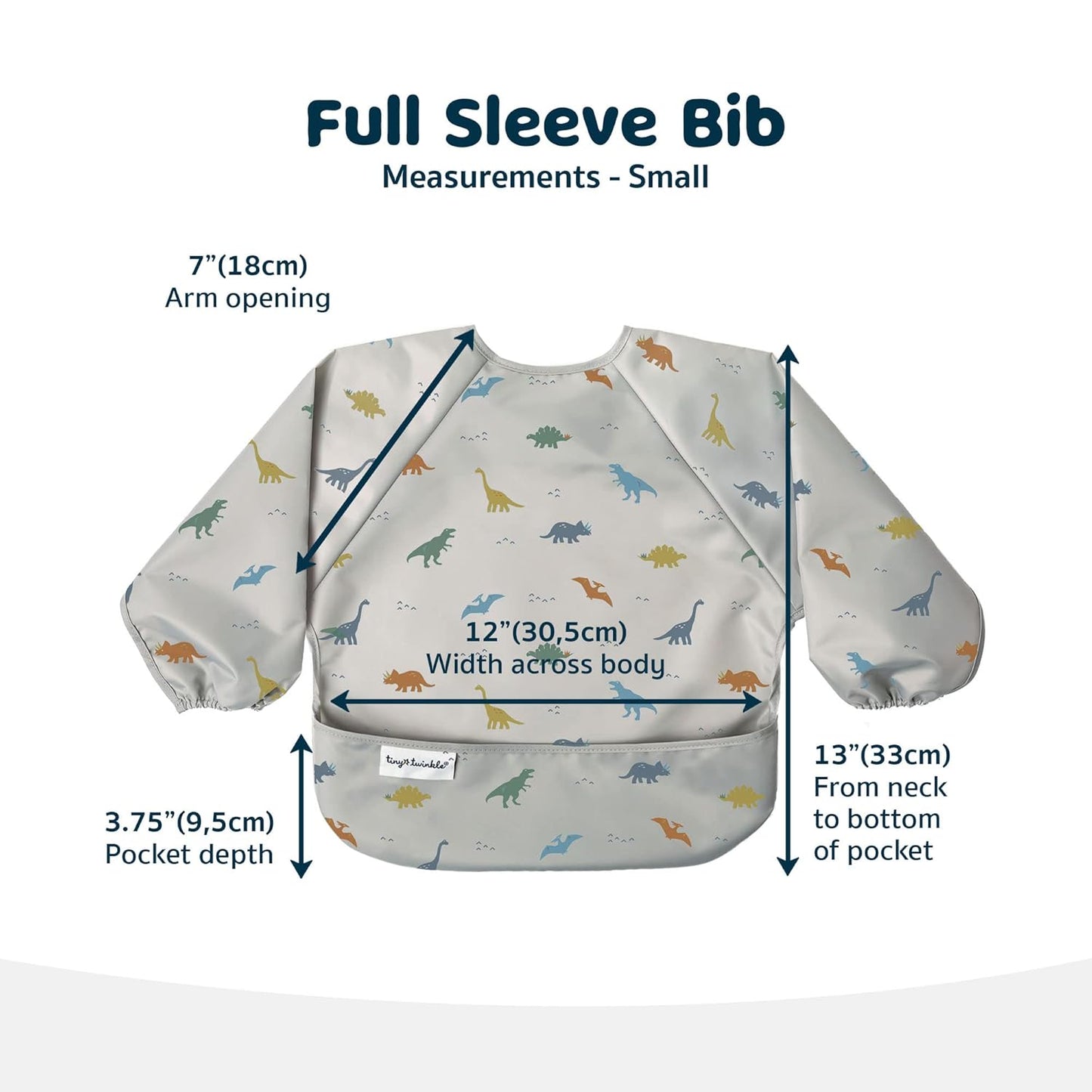 Tiny Twinkle Mess Proof Baby Bib,Waterproof Smock Baby Bib for Eating,Machine Washable Long Sleeve Bib,Baby Led Weaning,Toddler Bib,BLW Supplies(Dinosaur, Small 6-24 Months)