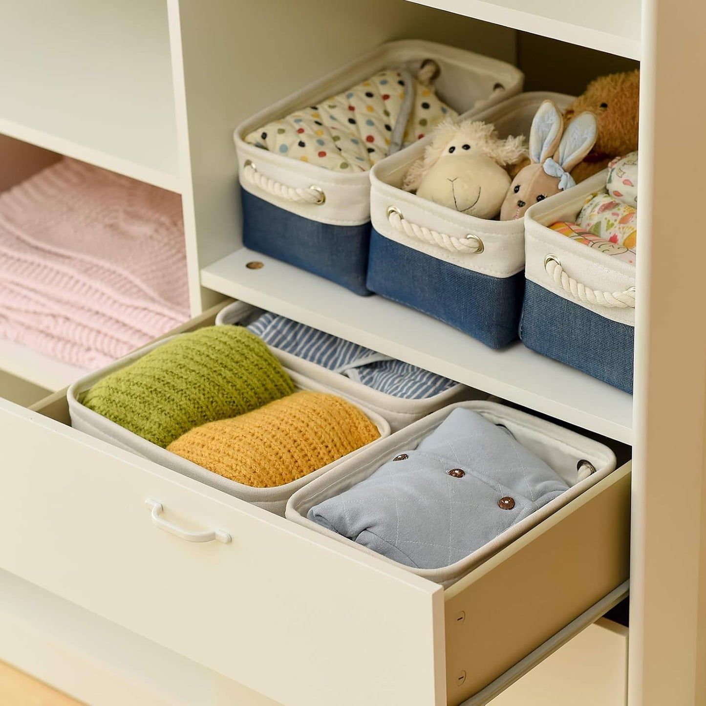 Storage Basket for Organizing - 12x8x5.2 inch Small 6 Pack Fabric Storage Bin Collapsible Baskets for Shelves with Rope, Storage Box for Cloth Decorative Laundry Canvas(White & Blue)