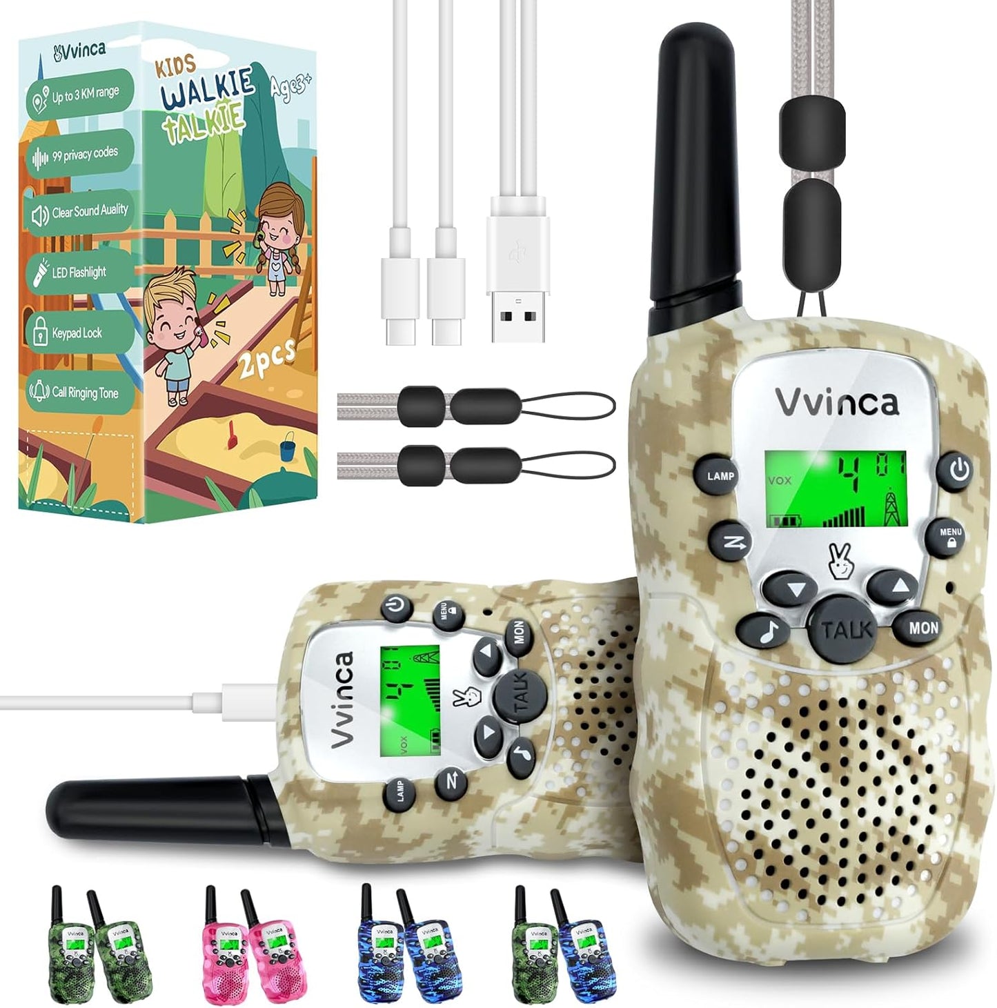 Vvinca Walkie Talkies for Kids Rechargeable 2 Pack, Army Toys for Boys Girls Ages 3-13 Outdoor Military Camping Toy, 3KM Long Range Walkie-Talkie 2 Way Radios 22 CH with Flashlight Birthday Gift