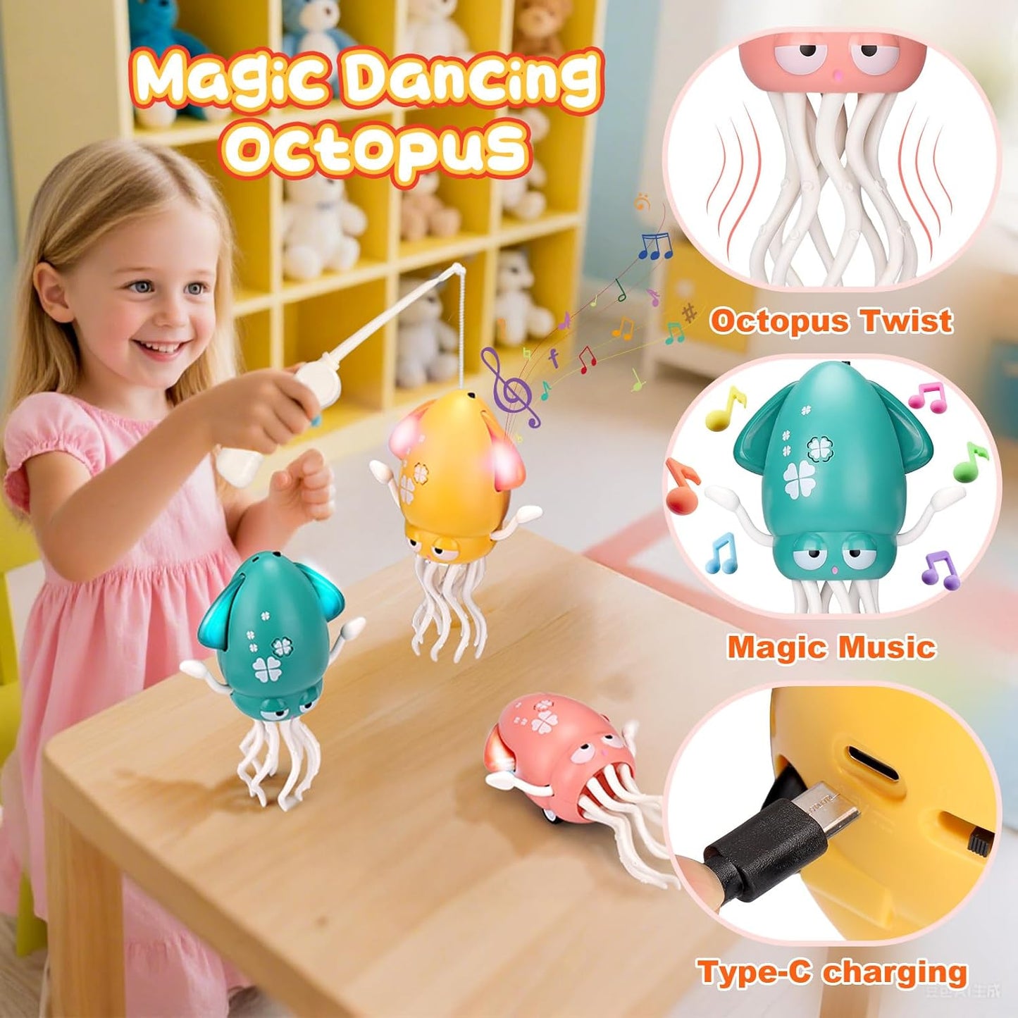 Magic Electric Dancing Octopus Toy with Led Light and Music,Playful Automatic Evasion Crawling Dancing Octopus with Fishing Rod,Smart Tentacle Explorer Dancing Squid Toy Tummy Time Baby Toys,Pink