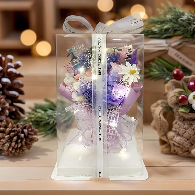 Preserved Flowers Bouquet Romantic Valentines Day Gift for Her LED Light 3 Preserved Real Rose for Delivery Christmas Mothers Day Birthday Gifts for Women Mother Wife Girlfriend (Purple)