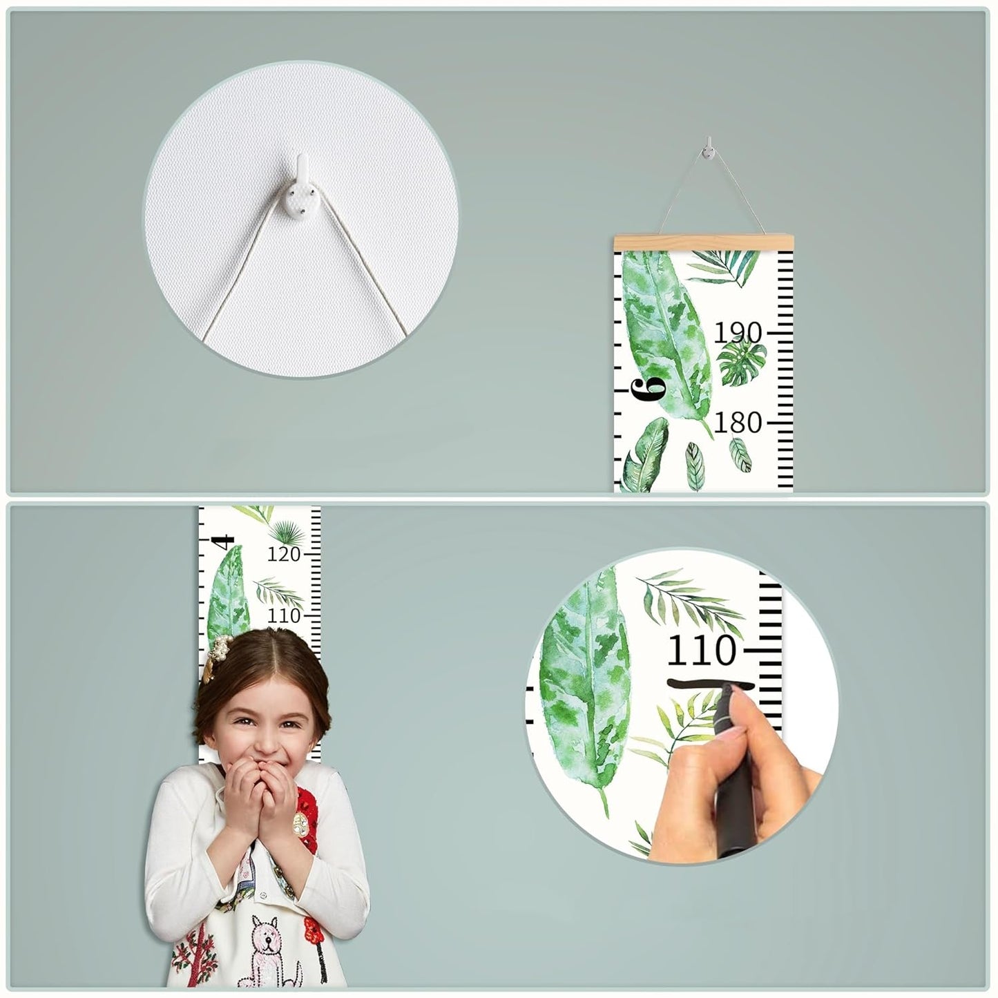 Growth Chart for Wall Height Measurement Ruler Kids Room Playroom Essentials Toddler Bedroom Nursery Home Canvas Green Plant Wall Decor 79"x7.9"