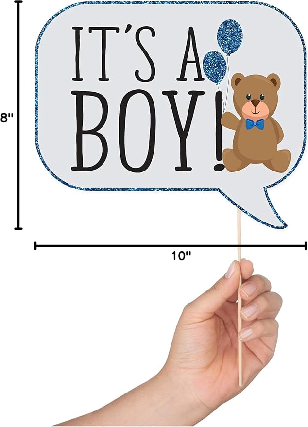 Boy Baby Shower Photo Booth Props - 41-pc Photo Booth Kit with 8 x 10-Inch Sign, 60 Glue Dots, 45 Sticks - Picture Props for Baby Shower