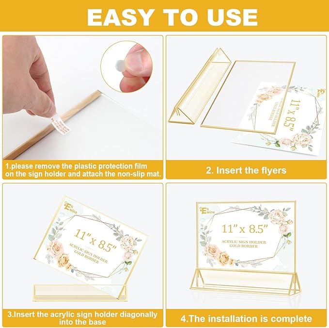 EHWINE 4 Pack Acrylic Sign Holder 8.5 x 11 Horizontal, Double-Sided Stand up Table Top Sign Holders, Gold Acrylic Picture Frame Menu Flyer Paper Holder Display Stand for Office Business Store Wedding Party