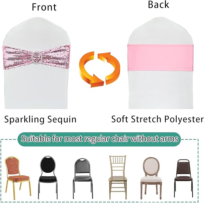10 Pcs Chair Sashes Sequin Stretch Chair Bands Spandex Polyester Bows for Party Hotel Wedding Banquets Decoration - Pink