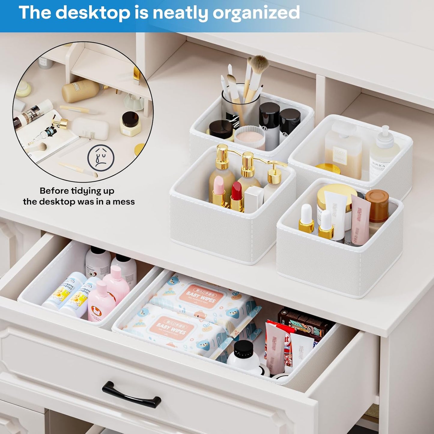 Vegan Leather Drawer Organizers,8 Pack Makeup Storage boxes,Vanity Drawer Luxury upgrade,Bedroom fabric Drawers replacement,bathroom organization and storage Optimal solution