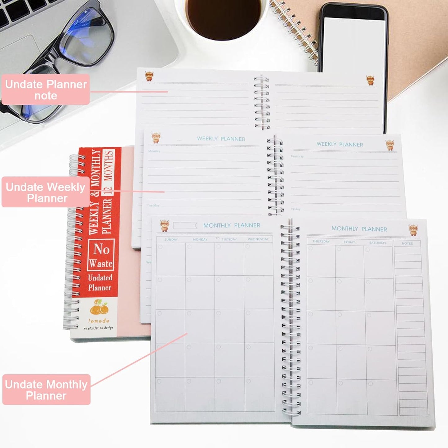 LEMEDE No Waste 12 Months Undated Planner, Handwritten Date Weekly and Monthly Planners, A5 Flexible Cover Weekly Planner To Do List Notebook with Storage Pocket, Ideal for Office School Supplies