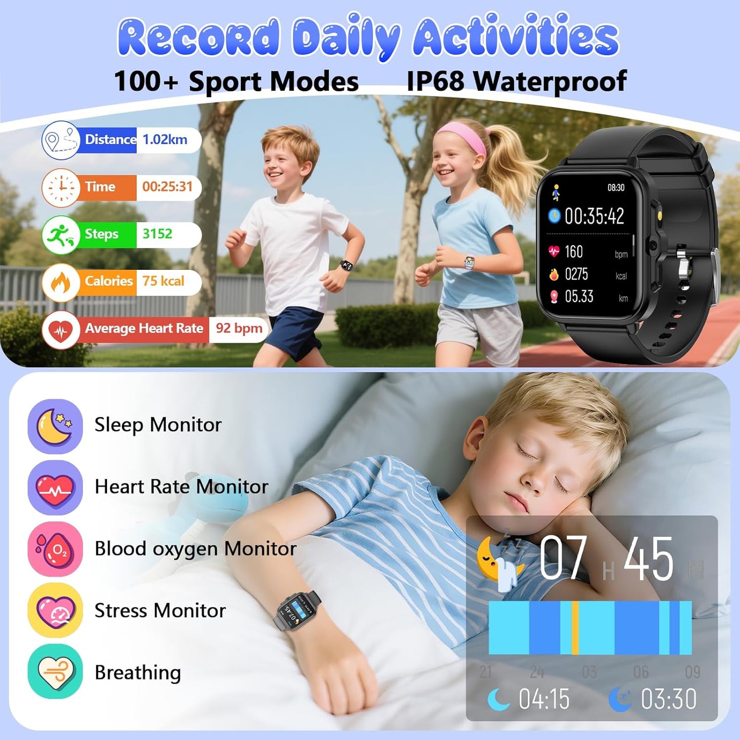 Smart Watch for Kids, 1.85" Fitness Tracker Pedometer Watch, Health, Sleep Monitor, Puzzle Games, Alarm Clock, Camera, Music Player, Torchlight, Activity, Gift Toys for 4 - 13 Years Old Boys and Girls