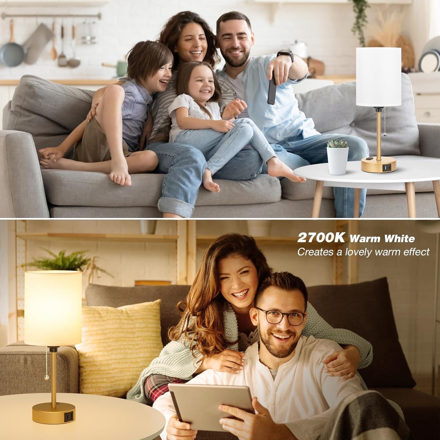 Dicoool Small Bedside Lamps 3 Color Modes - 2700K 3500K 5000K Bedroom Lamps with USB C and A Ports, Pull Chain Gold Table Lamps with AC Outlet, Nightstand Lamps with Gold Metal Base for Kids Reading