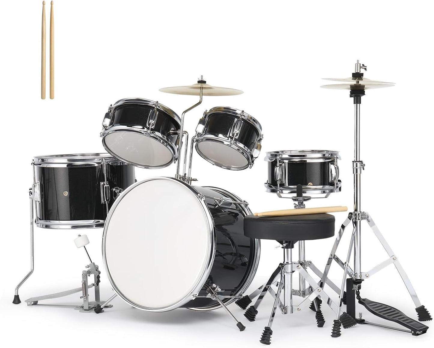 Ktaxon 5-Piece Complete Junior Drums Set, 14 Inch Beginners Drum Kit with Throne Stool, Pedal & Drumsticks, Kids Drums Musical Instruments W/Cymbal, Hi-Hat, Floor, Tom and Snare Drum (Black)