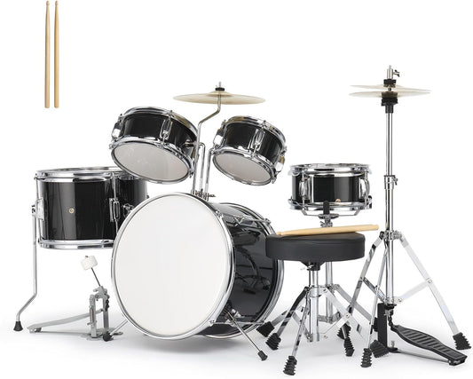 Ktaxon 5-Piece Complete Junior Drums Set, 14 Inch Beginners Drum Kit with Throne Stool, Pedal & Drumsticks, Kids Drums Musical Instruments W/Cymbal, Hi-Hat, Floor, Tom and Snare Drum (Black)