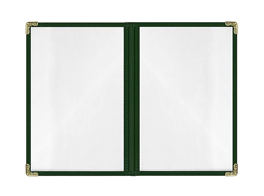 Goodsmart Restaurant Menu Covers – 25 Pack Green 4-View, Side-Loading Menu Holders, Vinyl & Plastic Café Menu Covers, Clear Menu Sleeves, Fits 5.5" x 8.5", Leather-Style Design, Gold Corners