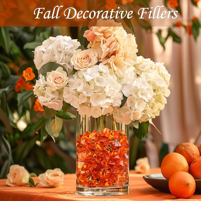 HappyFiller Fall Harvest Decor Orange Fake Ice Rocks Acrylic Chunks,Pirate Treasure Gems Stone,Vase Fillers,Resin Arts Crafts,Faux Crystal Dazzler,Centerpieces,Table Scatter,Home Decoration,14 OZ