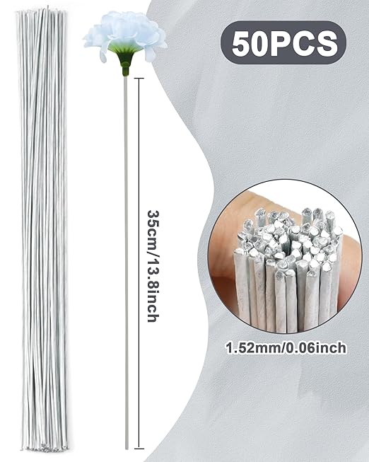 50 PCS FIVEIZERO 16 Gauge White Floral Wire Stems for Artificial Flower Making,Florist Wire,Flower Wires for Crafts,Alambre para Flores for Wreaths, Flower Arrangements and DIY Projects