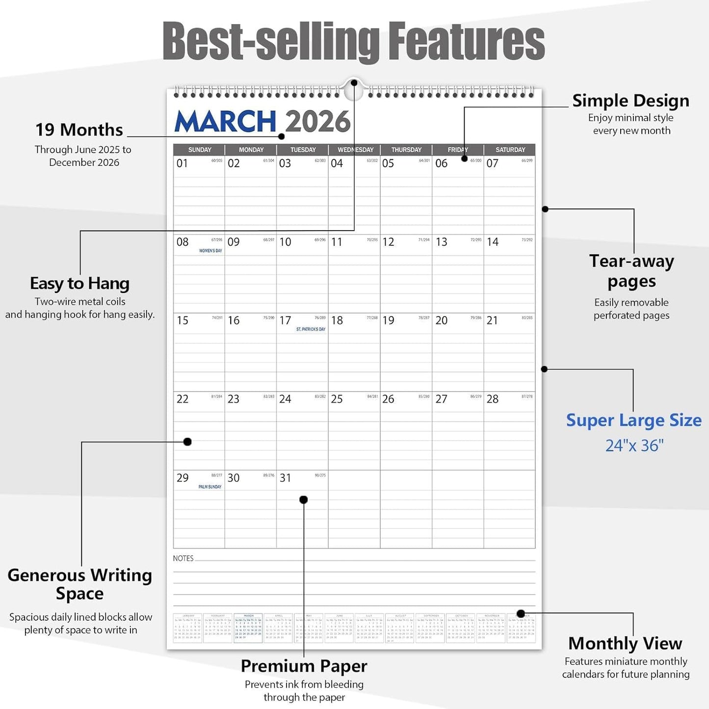 GuassLee Extra Large Wall Calendar 2025, 36"x 24" Jumbo Vertical Wall Planner 2025-2026 from June 2025 to December 2026,19 Months with Julian Dates and Notes for Office School Home Teacher Planning