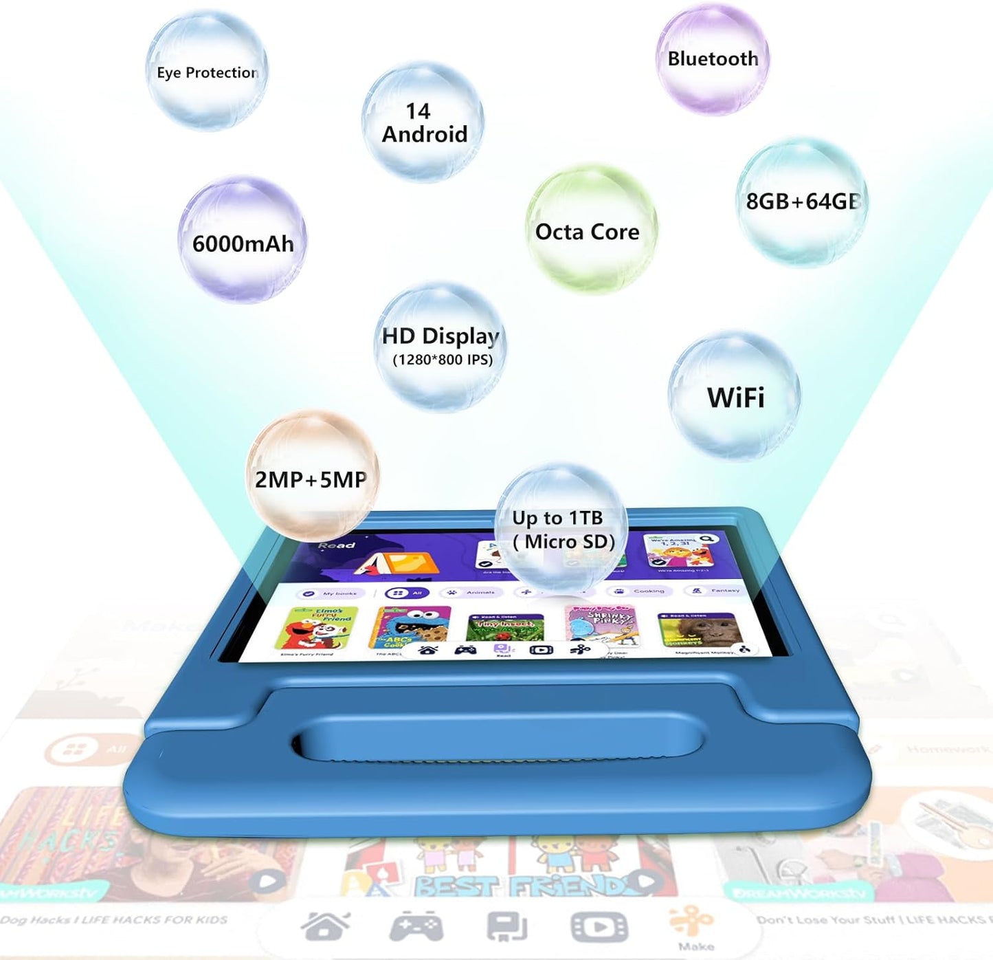 Kids Tablet 8GB+64GB, 10 Inch Android 14 Tablet for Kids 6000mAh with Case, WiFi 6, Bth 5.2, Dual Camera, GPS Pre-Installed Parental Controls, Kids Space & Family Link Great Gift for Toddler Children