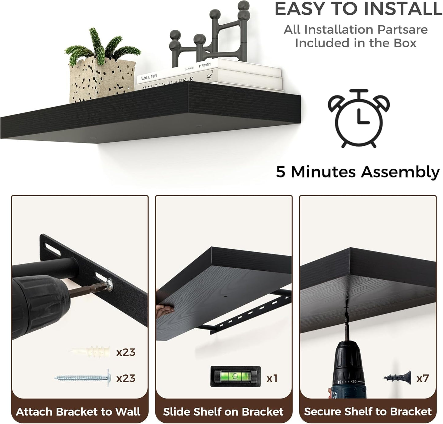 Floating Shelves - 2 Large Wall Mounted Shelves with Invisible Brackets, Long Wood Floating Wall Shelf for Living Room, Bedroom, Kitchen (Black, 48" W x 9" D x 1.5" H)