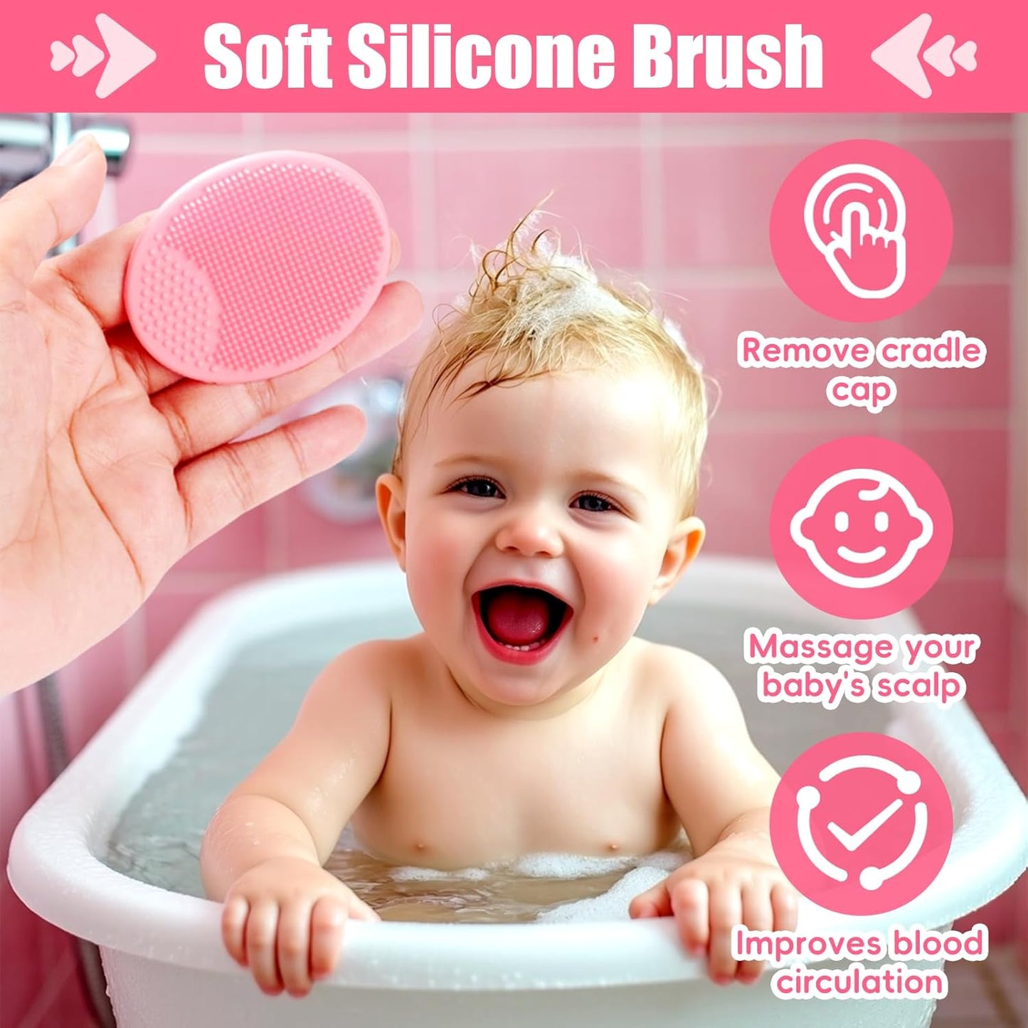 Baby Hair Brush and Comb Set, 4Pcs Baby Soft Bristles Brush Cradle Cap Brush Hair Comb for Newborns Toddlers Boys Girls (Pink)