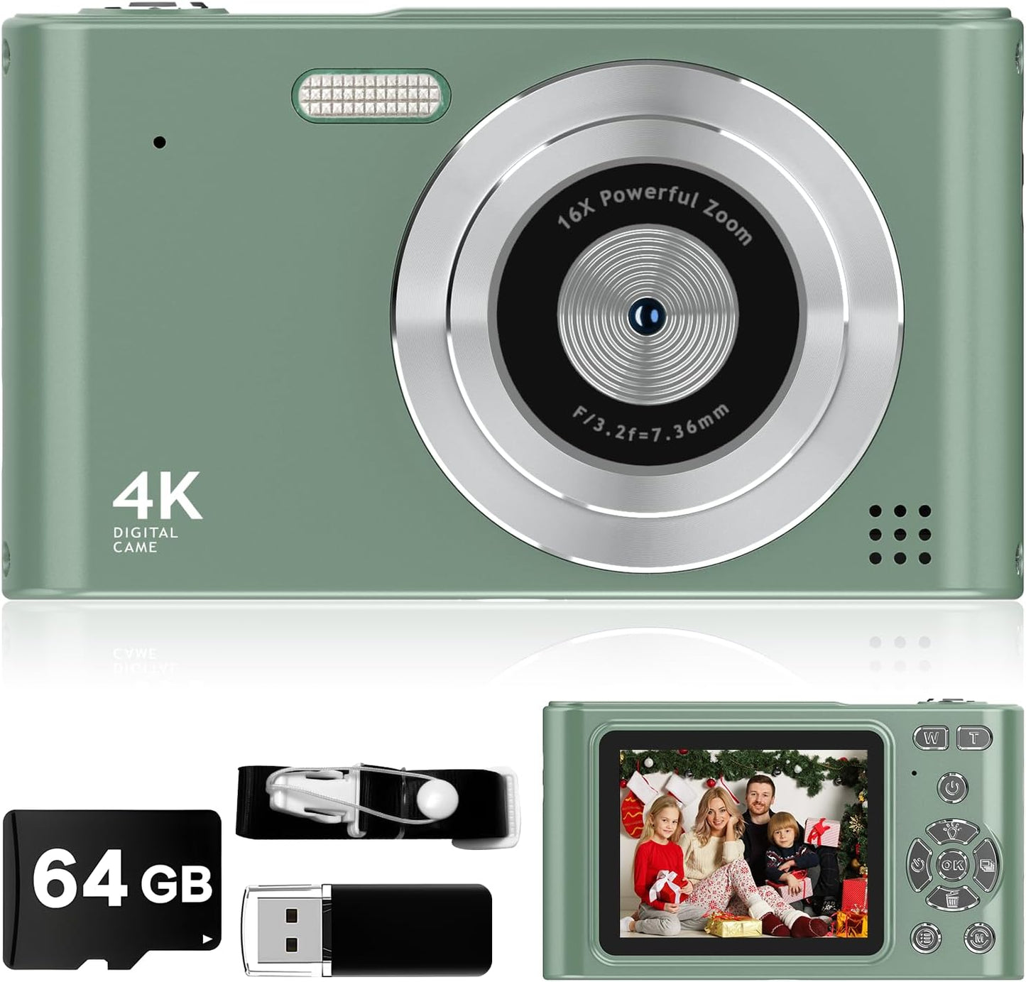 2025 Digital Camera - 1080P Vlog Camera, 44MP Compact, 16X Zoom, Anti-Shake, Green Gift for Kids