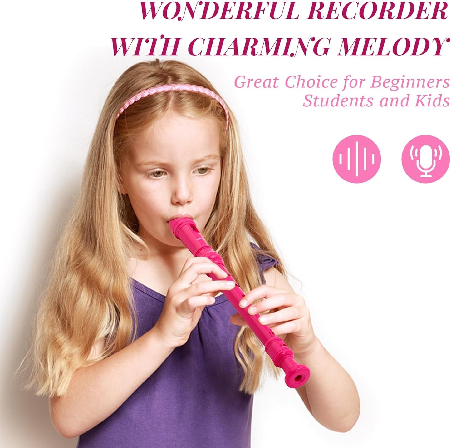 EAST TOP Soprano Recorder for Kids Beginners, 8 Hole Plastic German Fingering Flute Recorder 3 Piece with Cleaning stick, Cotton pouch, Fingering Chart, Colorful box (Hot Pink)