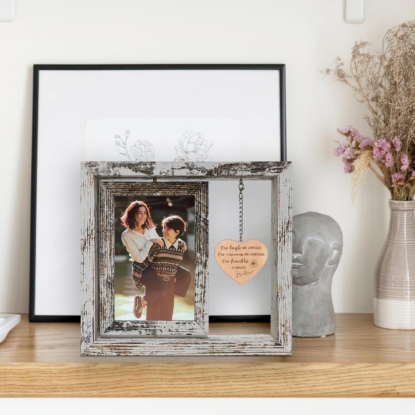 Friendship Picture Frame – Best Friend Frame Gifts for Women – Wooden 4x6 Photo Frame Holds 2 Photos – Rotating Vintage Design with Real Glass – “Our Friendship is Endless” Quote – Gift Box Included