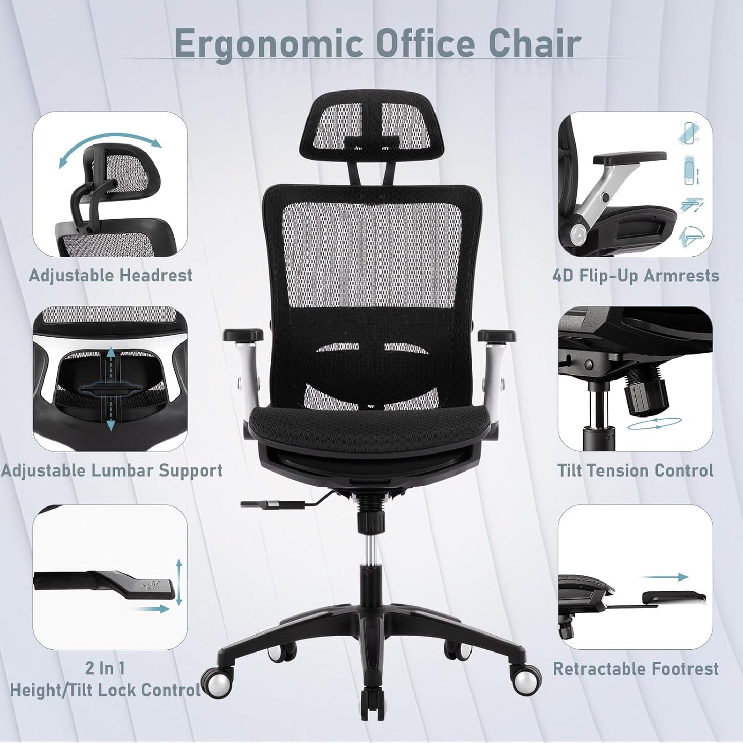 Ergonomic Mesh Office Chair with Footrest, High Back Executive Desk Chair with Adjustable Lumbar Support, Headrest and Tilt Lock, 4D Flip-up Arm-Black