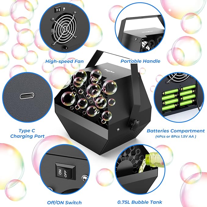 Theefun Bubble Machine: Remote Control 750ML Metal Bubble Blower Wireless USB Plug-in or 4 Batteries Operated High Bubble Output Automatic Bubble Maker for Party Wedding Birthday Indoor Outdoor Use