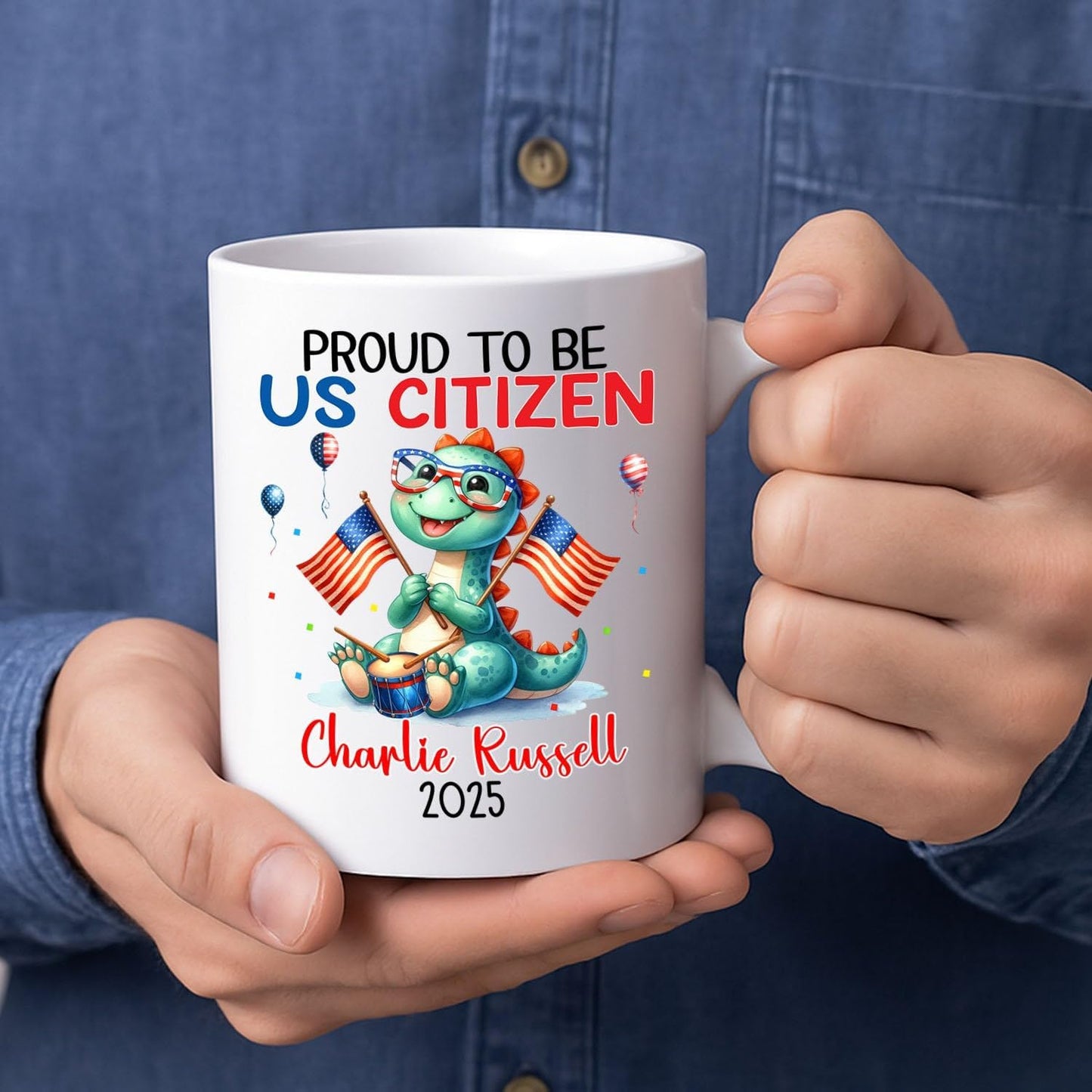 Personalized American Citizen Coffee Mug, Proud To Be Us Citizen Coffee Cup Gift For Grandkid Friend Bestie, Customized Year & Name US Citizenship White Cup, Awesome American Flag Ceramic Mug 11 15Oz