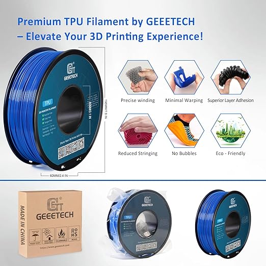 Geeetech TPU Filament 1.75mm – 95A Flexible 3D Printer Filament with High Elasticity, 1KG (2.2lbs) Spool, Dimensional Accuracy ±0.03mm, Fits Most FDM Printers, Blue