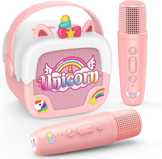 Mini Karaoke Machine for Kids Girls: Unicorn Portable Bluetooth Speakers with 2 Wireless Mic Birthday Gifts for 5 6 7 8 9 10 11 Years Teens Toys for Girls Age 4-6 7 8 9 Years Old Girl Gifts Pink