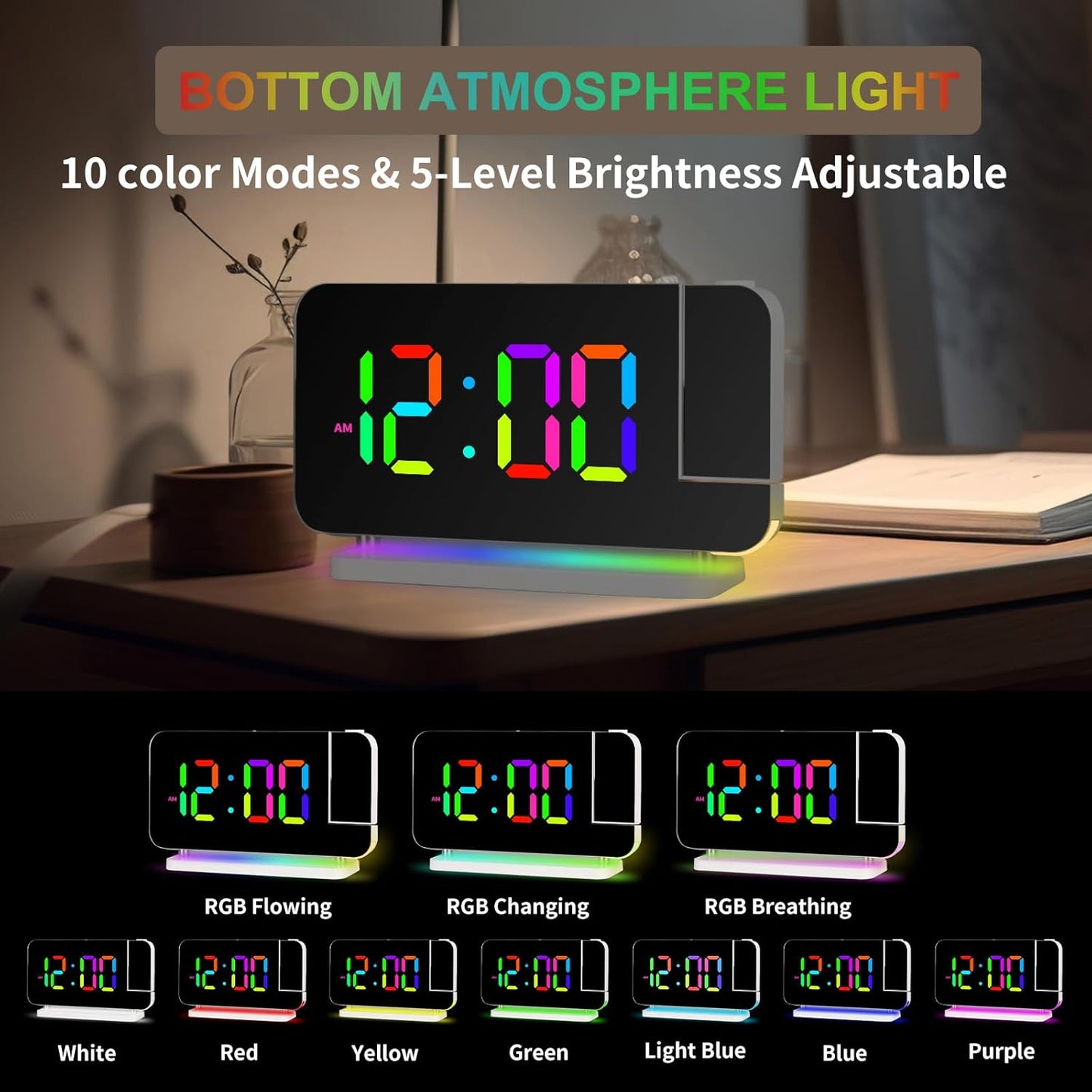 Projection Alarm Clock for Bedroom Ceiling,RGB Digital Clocks with 10 Colors RGB Night Light,Loud Alarm Clock for Heavy Sleepers,USB C Charger Port,Snooze,12/24H,Auto Dimming