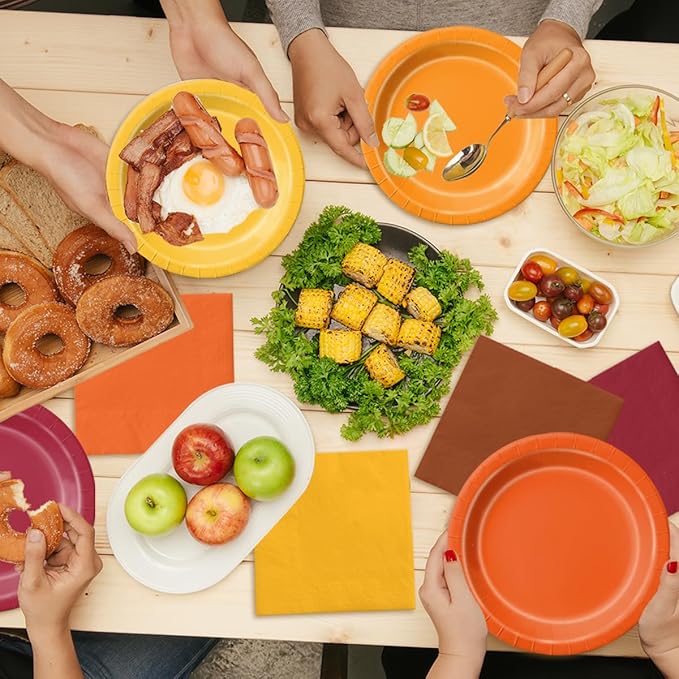 CMUSKO 60Pcs Fall Plates and Napkins-Red Orange Yellow Autumn Disposable Tableware for Fall Wedding, Bridal Shower, Thanksgiving