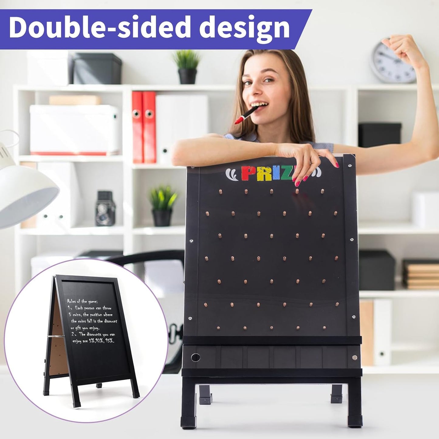 Prize Drop Game Board, 15.7"X27.5" Double-Sided Foldable Design with Wooden A-Frame Chalkboard Sign for Family, Carnival, Trade Show & Party-Includes 10 Coin Drop Discs and Chalk Set, Portable Design