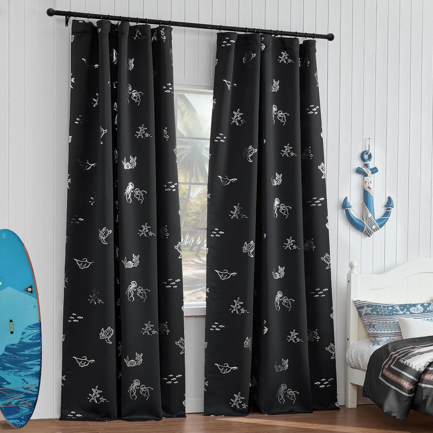 Vangao Kids Curtains for Boys Bedroom Kids Blackout Curtains 84 Inch Length Ocean Aquarium Nursery Drapes for Girls Bedroom Silver Sea Animals Print Thermal Insulated Drapes, Black 2 Panels