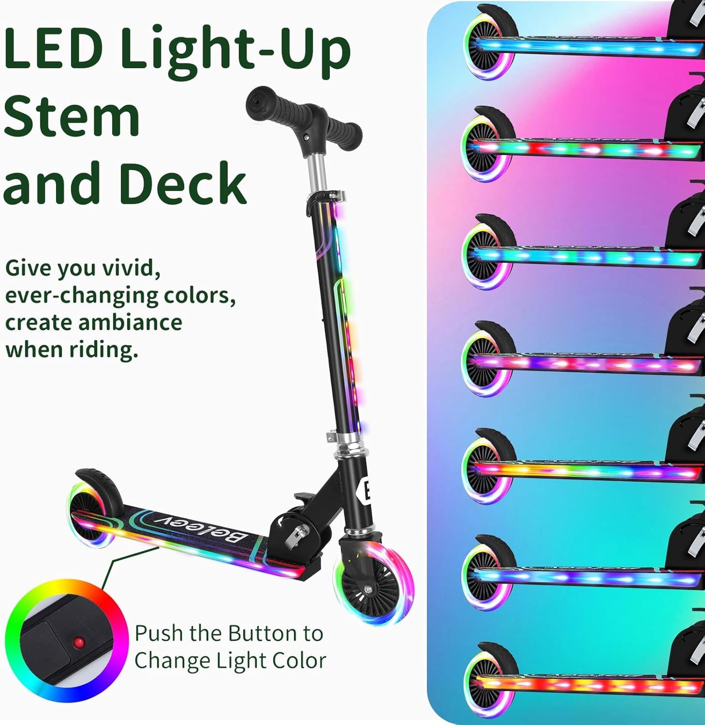 BELEEV V2 Scooters for Kids with Light-Up Wheels & Stem & Deck, 2 Wheel Folding Scooter for Girls Boys, 3 Adjustable Height, Non-Slip Pattern Deck, Lightweight Kick Scooter for Children Ages 3-12