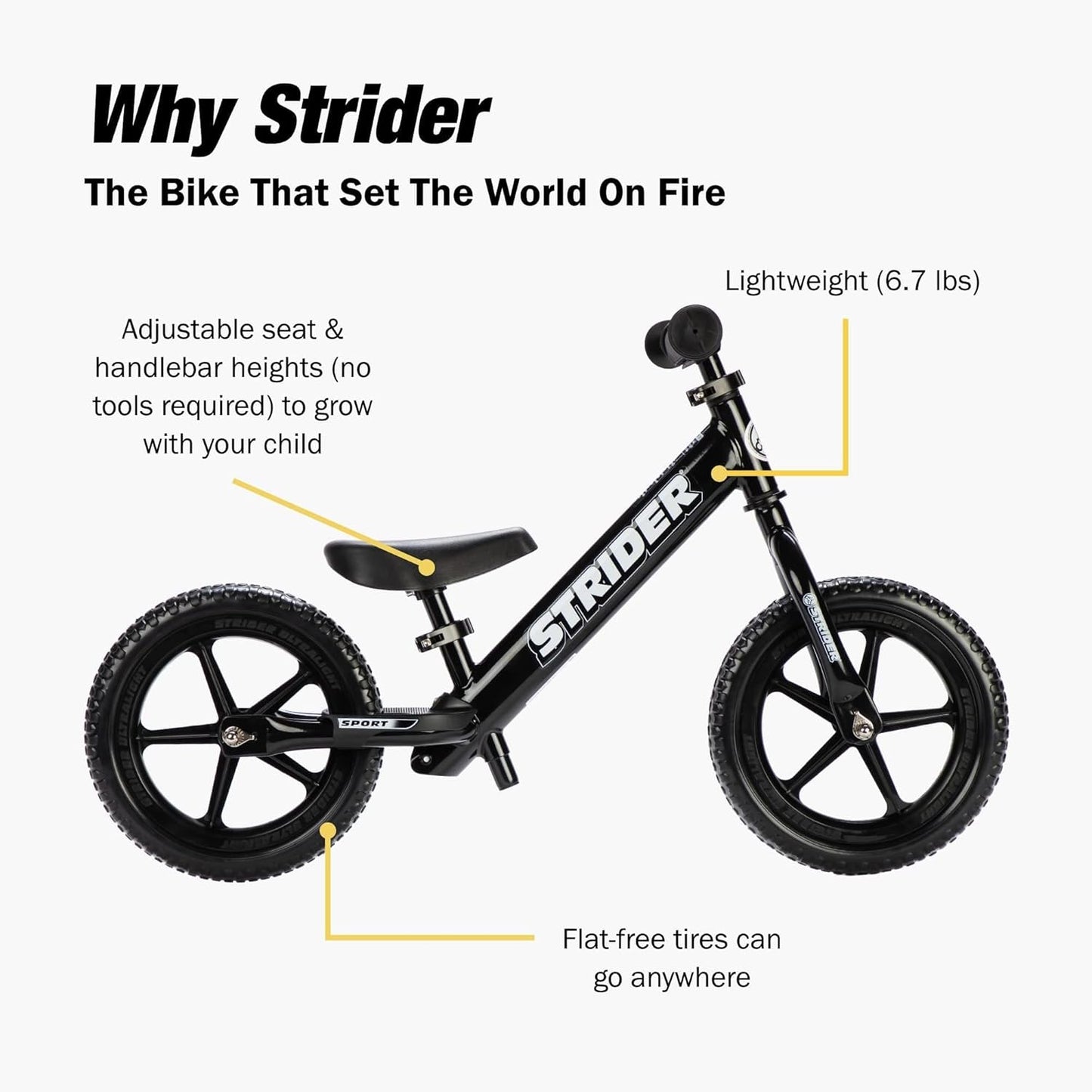 Strider 12” Sport Bike - No Pedal Balance Bicycle for Kids 1 to 4 Years - Includes Safety Pad, Padded Seat, Mini Grips & Flat-Free Tires - Tool-Free Assembly & Adjustments