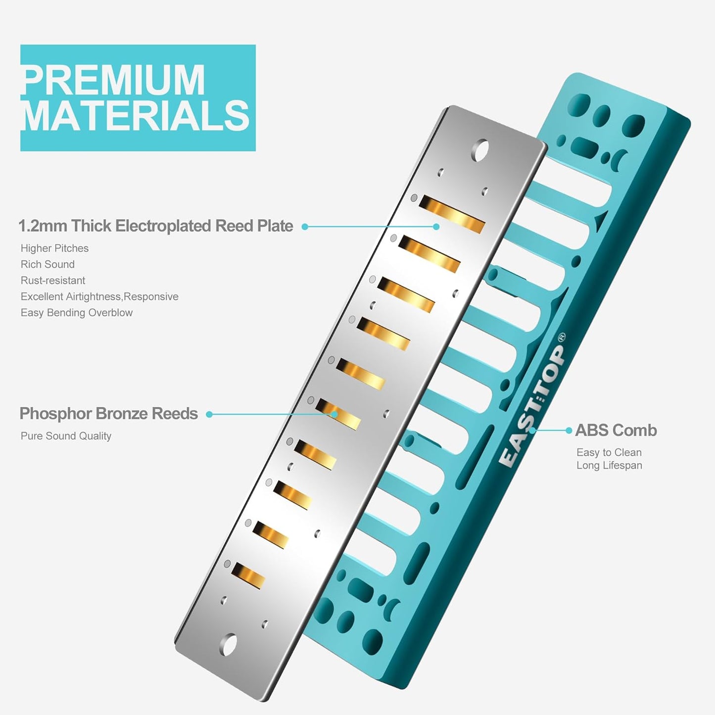 East top Harmonica, Advanced Diatonic Harmonica Key of Bb, 10 Holes Blues Harp Mouth Organ Harmonica with Silver Cover, Blues Harmonicas For Adults, Professionals and Students