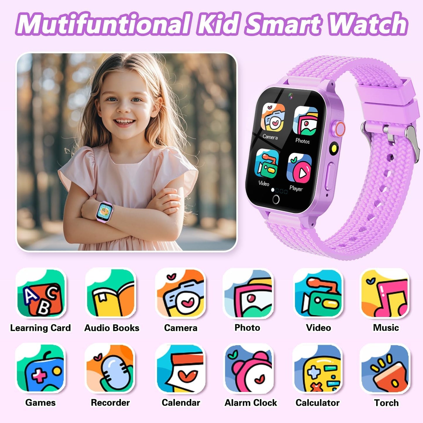 Smart Watch for Kids Girl Gift Ages 3-12, 2 Screen Protector, 26 Puzzle Games, HD Camera Video Music Player Touchscreen Pedometer, Educationtal Toy Brithday Gifts for Girl Ages 4 5 6 7 8 9 10(Purple)