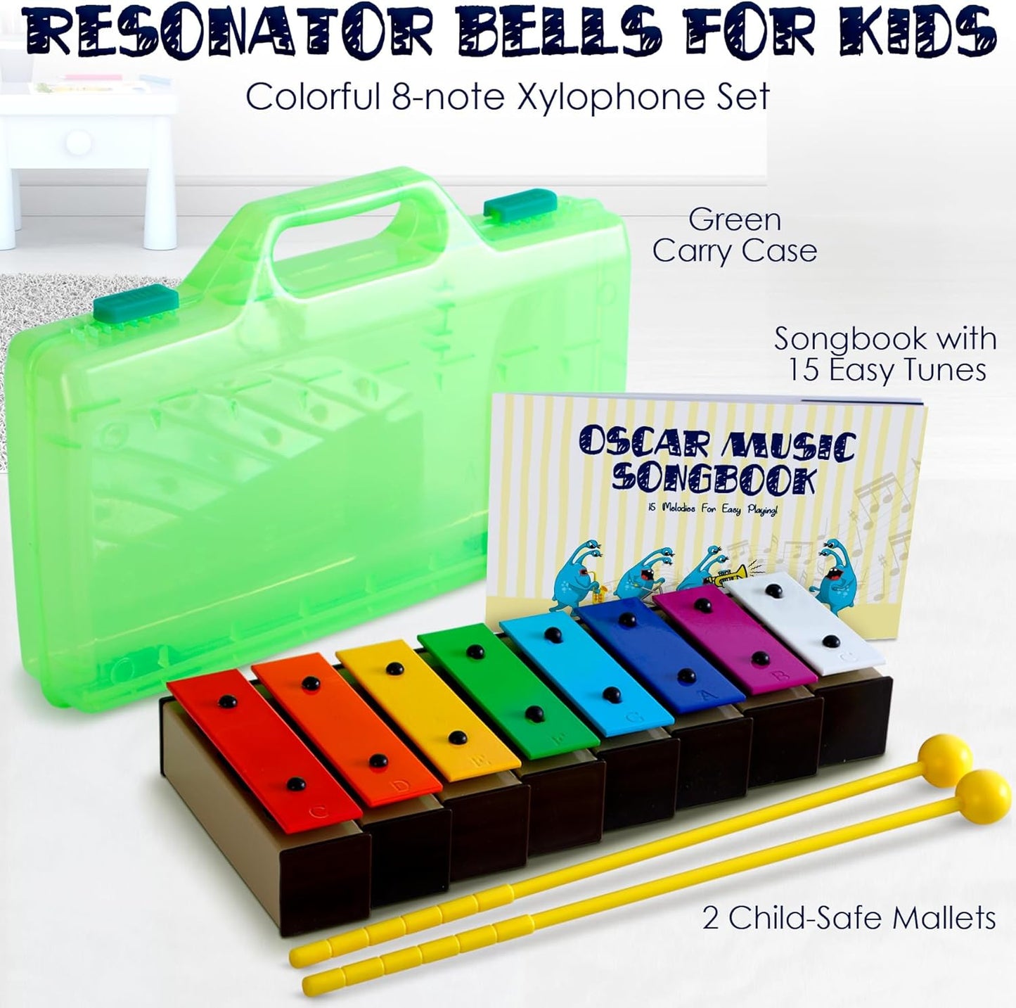 MINIARTIS Glockenspiel Xylophone | Educational Music Toys for Toddlers | 8 Notes Colorful Resonator Bells for Kids with 15 Songbook & Green Case | Great Birthday Gift for Children