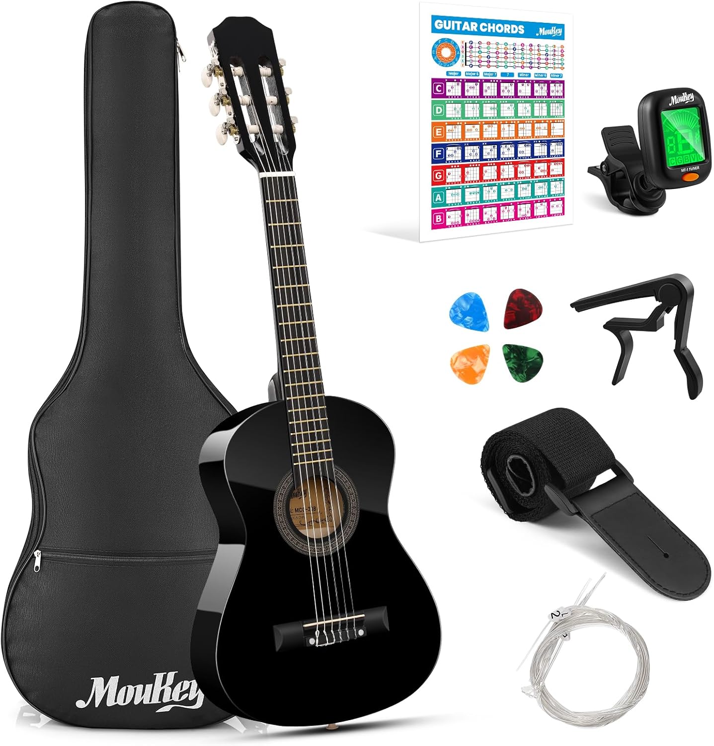 Moukey 30" Acoustic Guitar for Beginners Kids Youth 1/4 Size Dreadnought Guitarra Acustica Kit with Chord Poster, Gig Bag, Tuner, Picks, Nylon Strings, Capo, Strap - Black