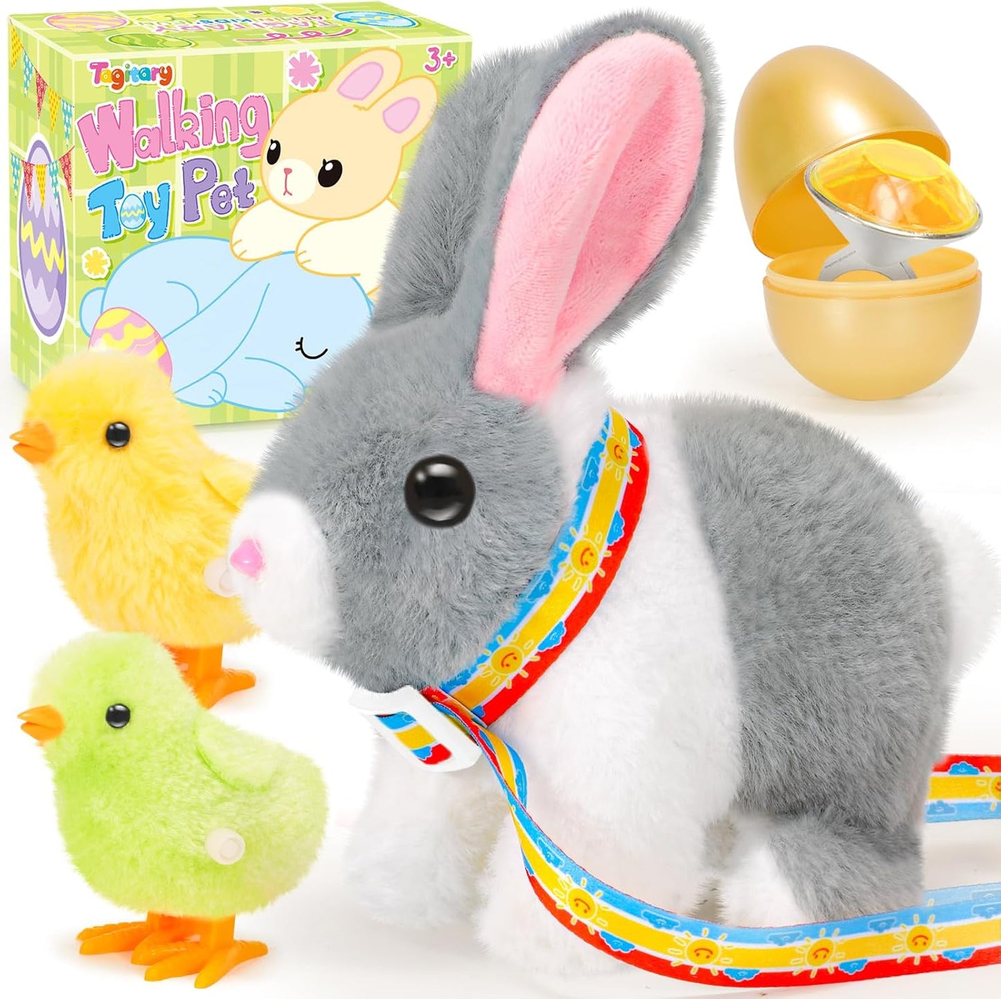 Tagitary Plush Bunny Toy for Kids,Easter Interactive Realistic Bunny with Leash,Golden Egg and Wind Up Toy,That Hopping,Ears Wiggling,Twitching Nose,Rabbit Toys Easter Stuffers Gift for Toddlers