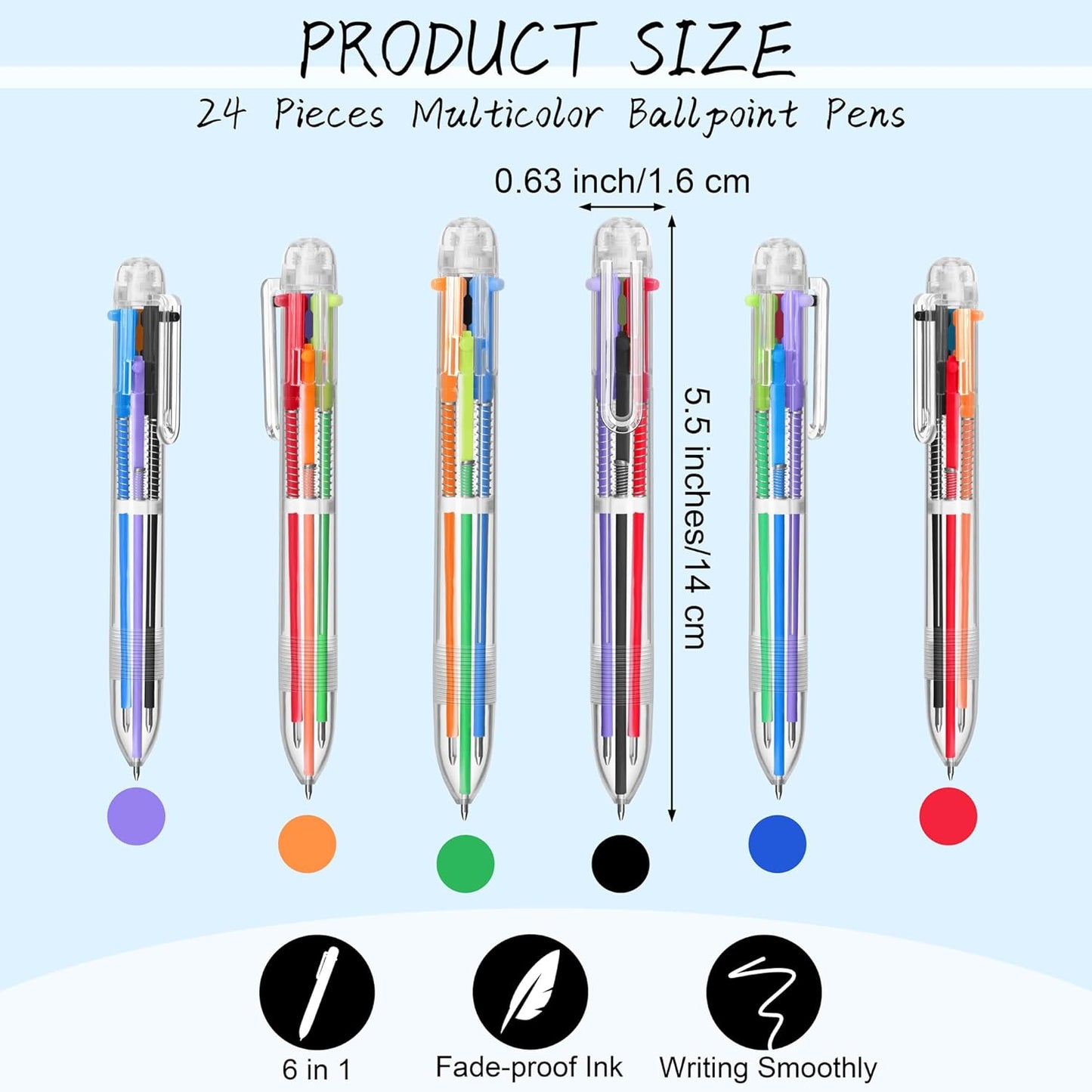 Aodaer 24 Pieces Multicolor Ballpoint Pens 0.5 mm 6 Colors Transparent Barrel Ballpoint Pen 6-in-1 Multicolor Retractable Ballpoint Pens for Office School Supplies Gifts