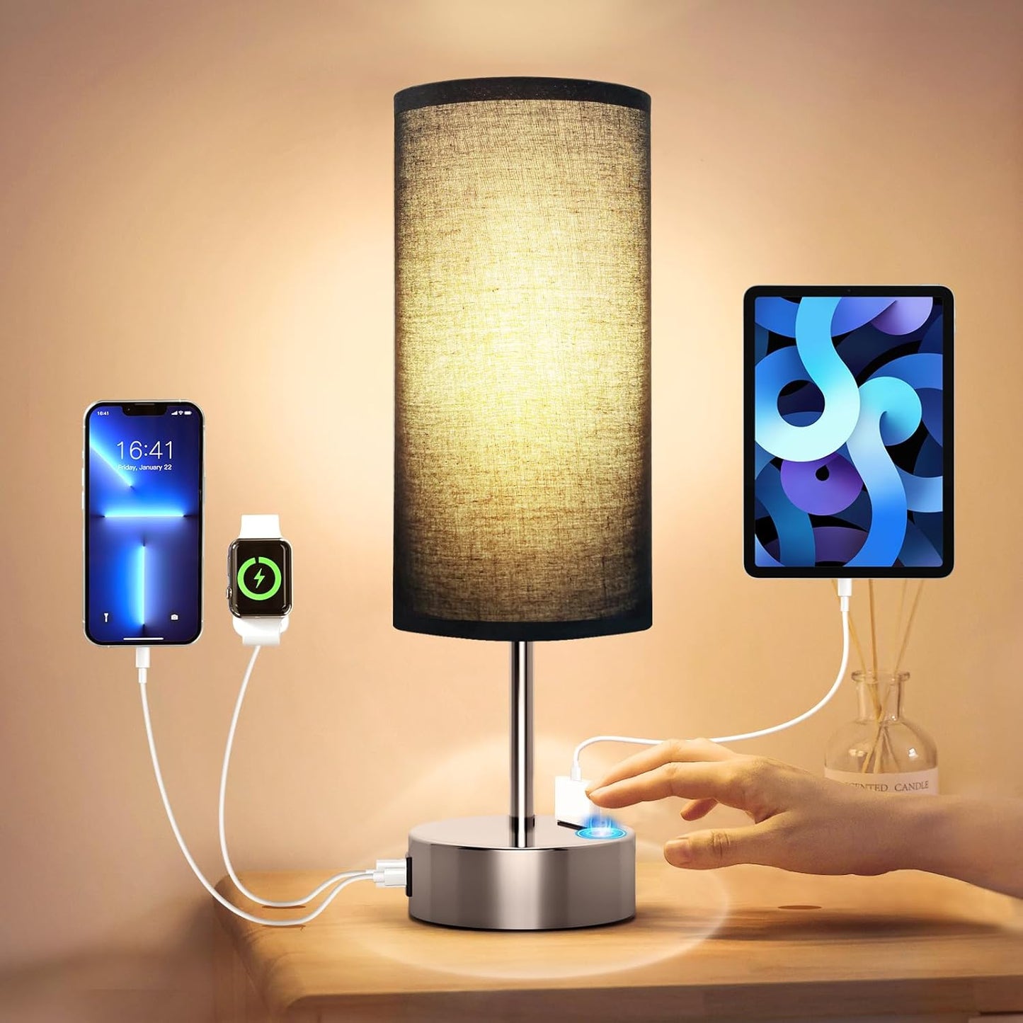 KPQ Small Bedside Lamp Touch Control Table Lamp with USB A+C Charging Ports & AC Outlet 3-Way Dimmable Nightstand Lamp with Linen Fabric Shade for Bedroom Living Room