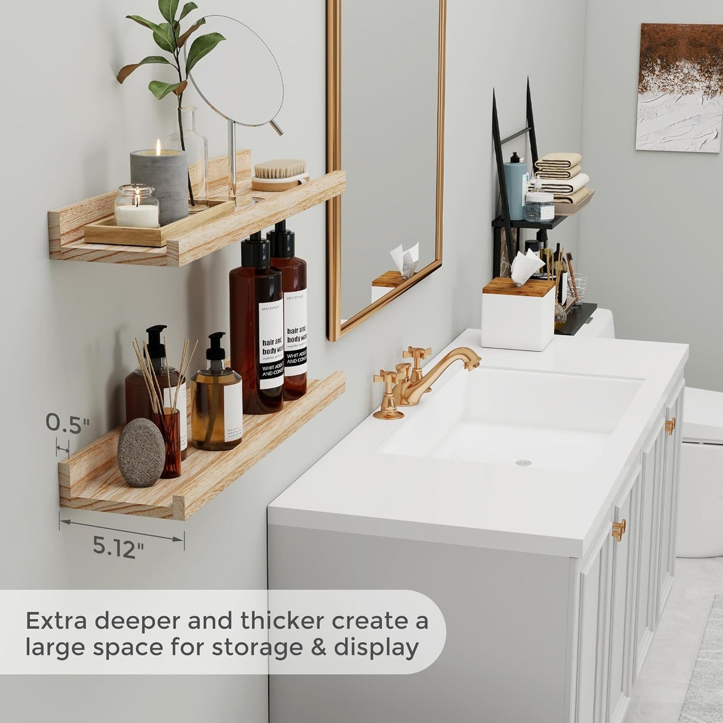 Fun Memories Picture Ledge Shelves 24 Inches Long, Rustic Wooden Floating Shelves with Lip Set of 4, Nursery Book Shelf for Kids Room, Farmhouse Wall Shelf for Living Room, Bedroom