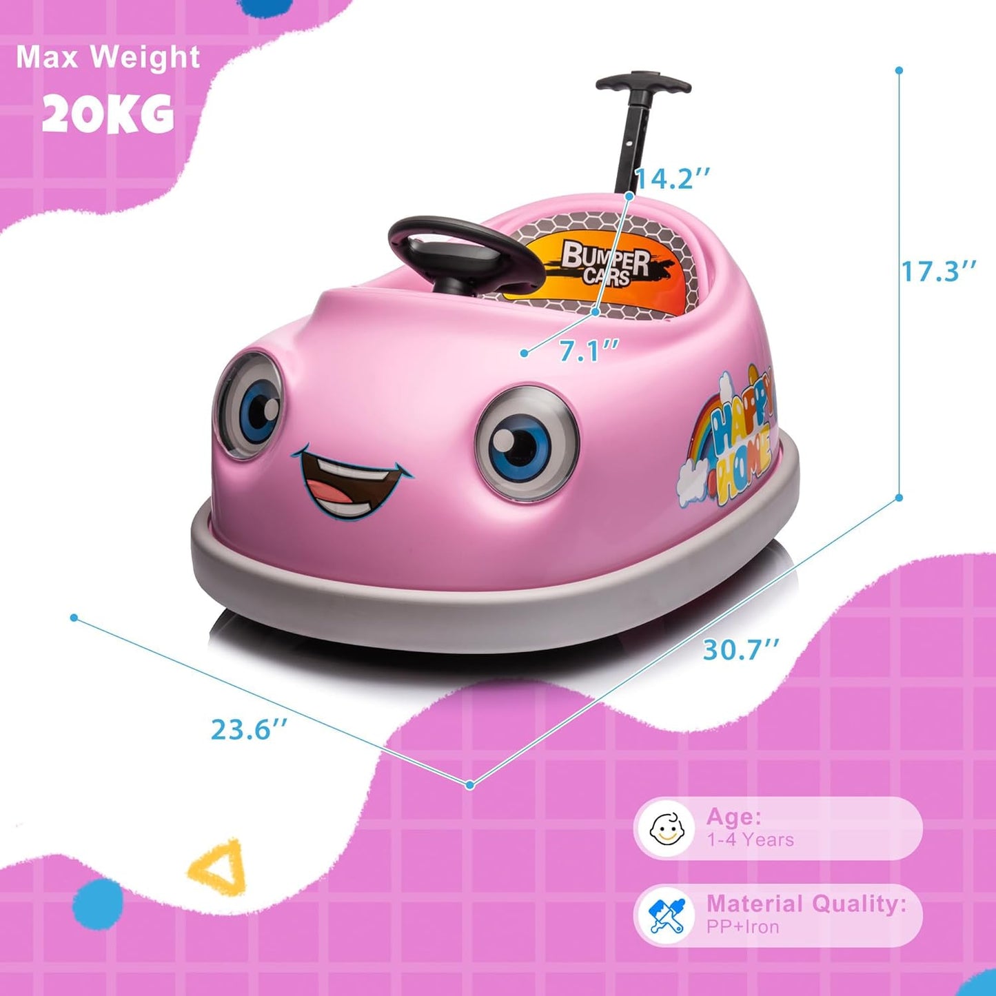 12V Dual Battery Electric Ride on Kids Bumper Car w/Remote Control,360 Degree Spin,Push Rod Rocker Horse Function,3-Speeds Babies & Toddlers Bumping Car Ride on Toy Gift for 1-4 Years Children (Pink)
