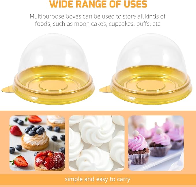 NUOBESTY Individual Cupcake Boxes, 100pcs Golden Tray Round Plastic Transparent Dome Cupcake Boxes Egg-Yolk Puff Food Container Single Mooncake Dome Boxes Baking Packing Box |2.75x2.75x1.96 inch