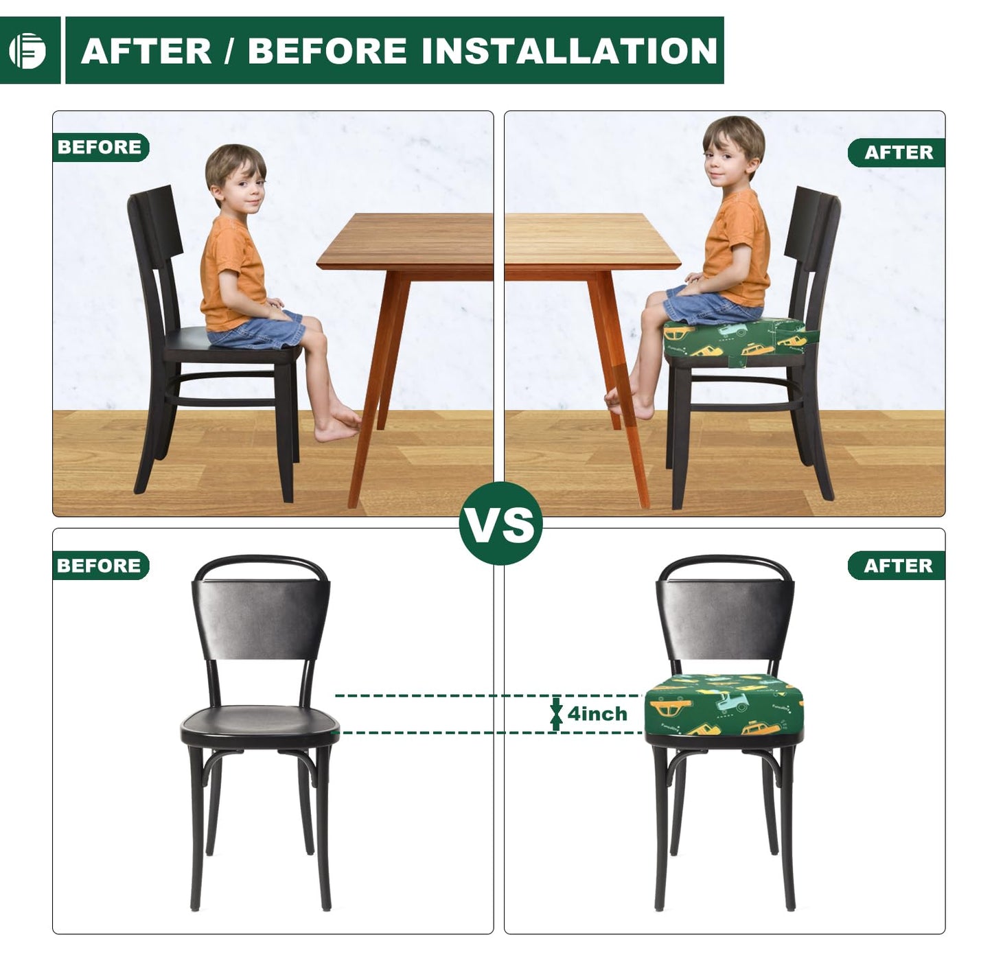 Toddler Booster Seat for Dining Table, Portable Booster Seat for Kitchen Chair, 4 Inch High-Density Foam Cushion with Adjustable Safety Straps and Non-Slip Bottom, Perfect for Kids Travel and Daily
